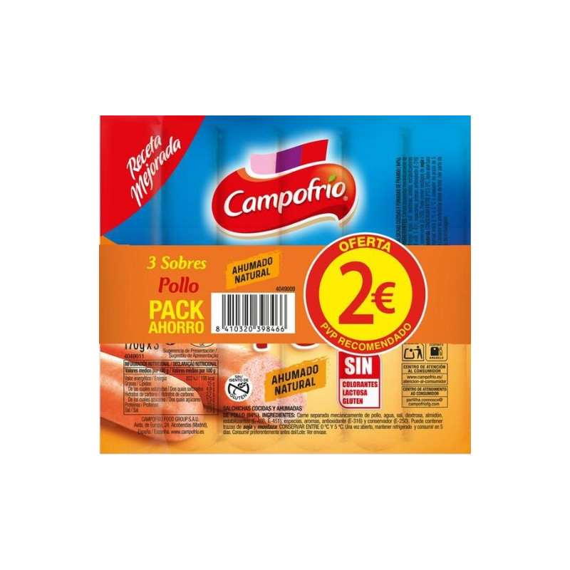 SALCHICHAS MEDIANAS POLLO 170GRX3 CAMPOFRIO